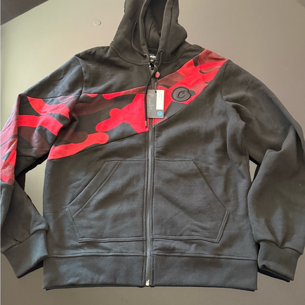 Camo Zip-Up Hoodie - Black and Red Cookies brand